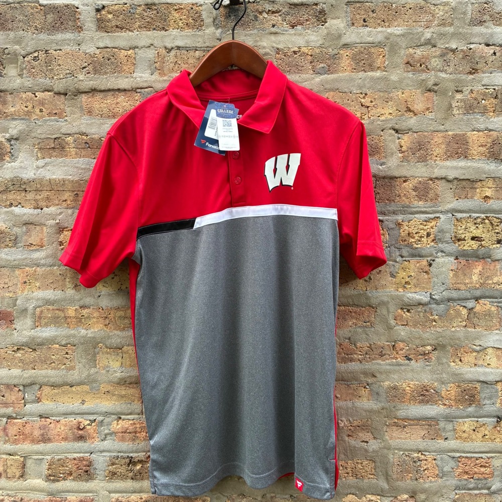 Fanatics Wisconsin Badgers Mens Medium Red Grey Colorblock Polo Shirt 3B02 NEW